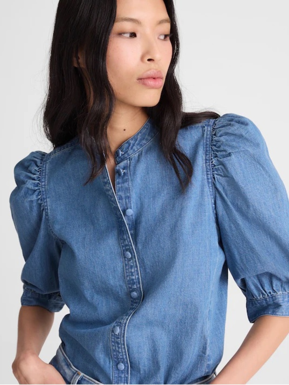Madewell women’s Denim Puff-Sleeve Band-Collar Shirt blue Size 0 NWT